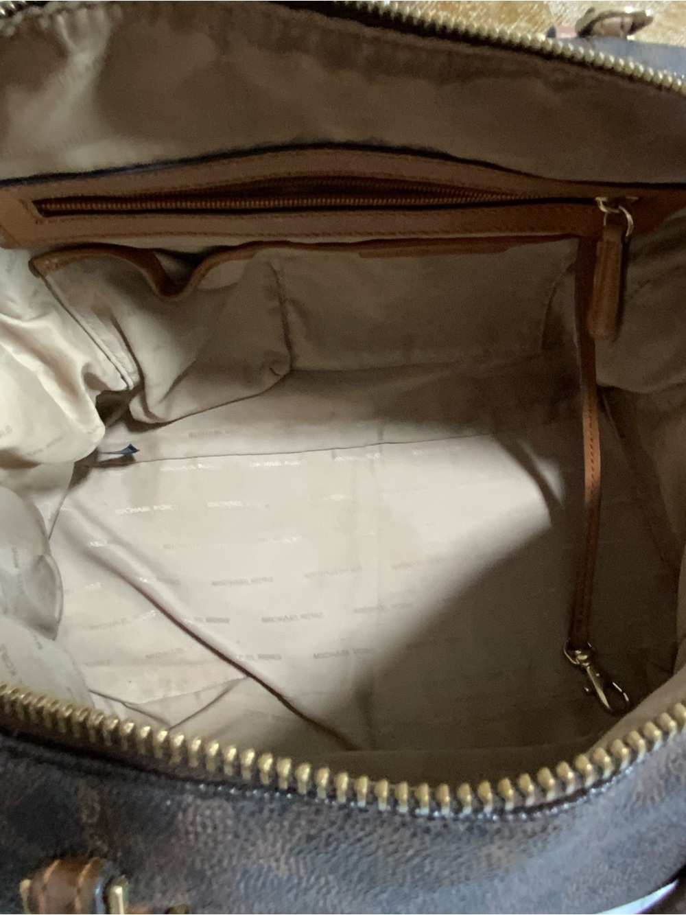 Michael Kors Dark Brown Monogram Satchel with Tan Handles - Picture 13 of 14